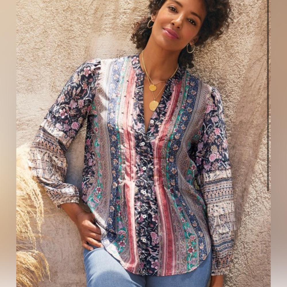 Soft Surroundings Milarepa Mix Print Silk Blouse Top Size Medium
